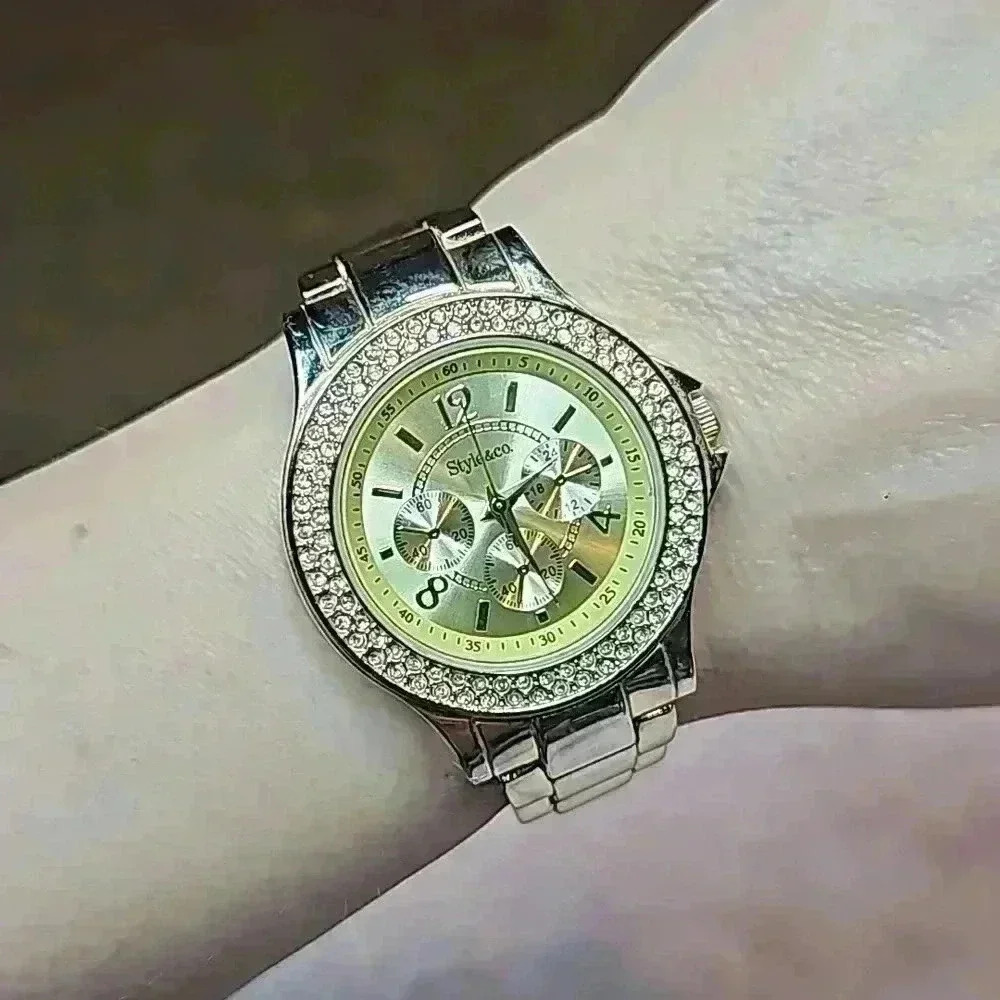 Style & Co Gold Tone Link Bracelet & Round Watch with White Gems & Yellow Face
